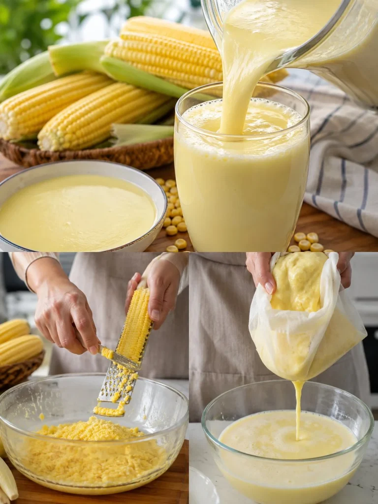 Delicious homemade corn milk recipe served in a glass with fresh corn cobs