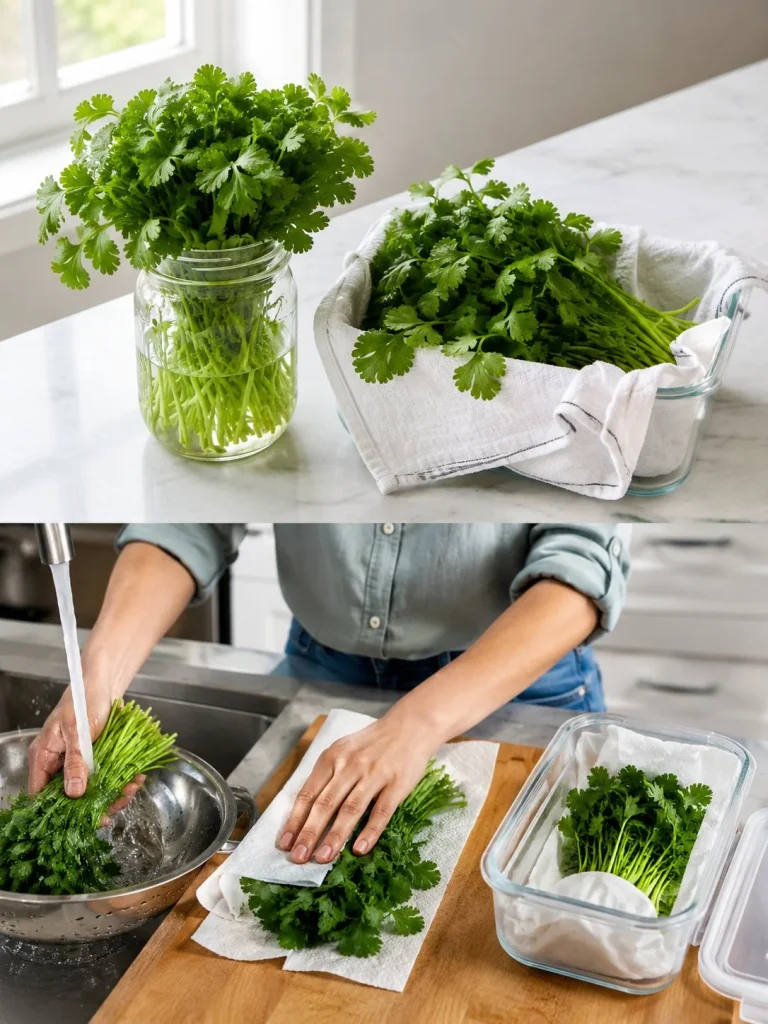 Fresh cilantro stored properly for longevity, preventing freezing methods.