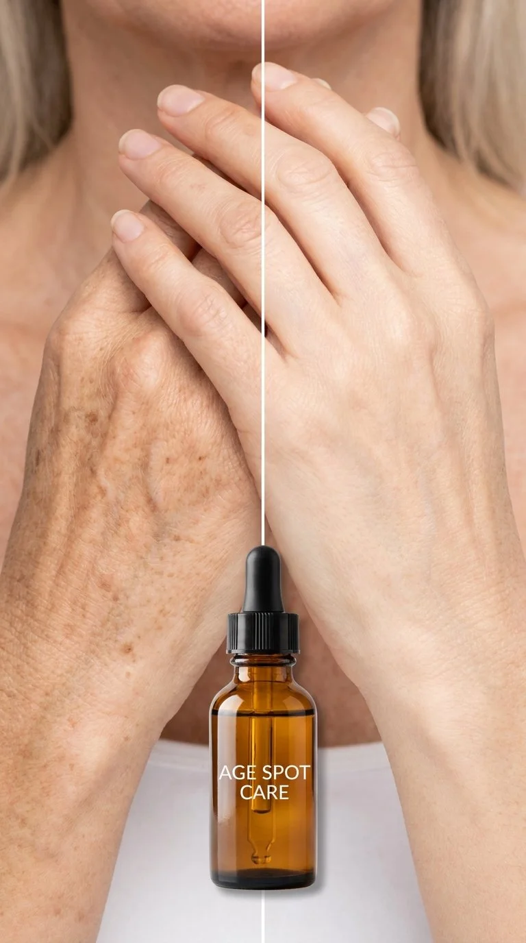 A woman using a natural remedy to reduce age spots on her skin in 20 minutes.