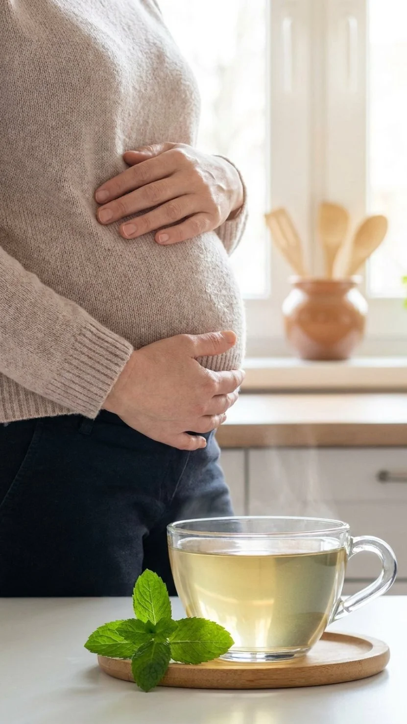 Peppermint ginger tea brewed in a cup for bloating relief