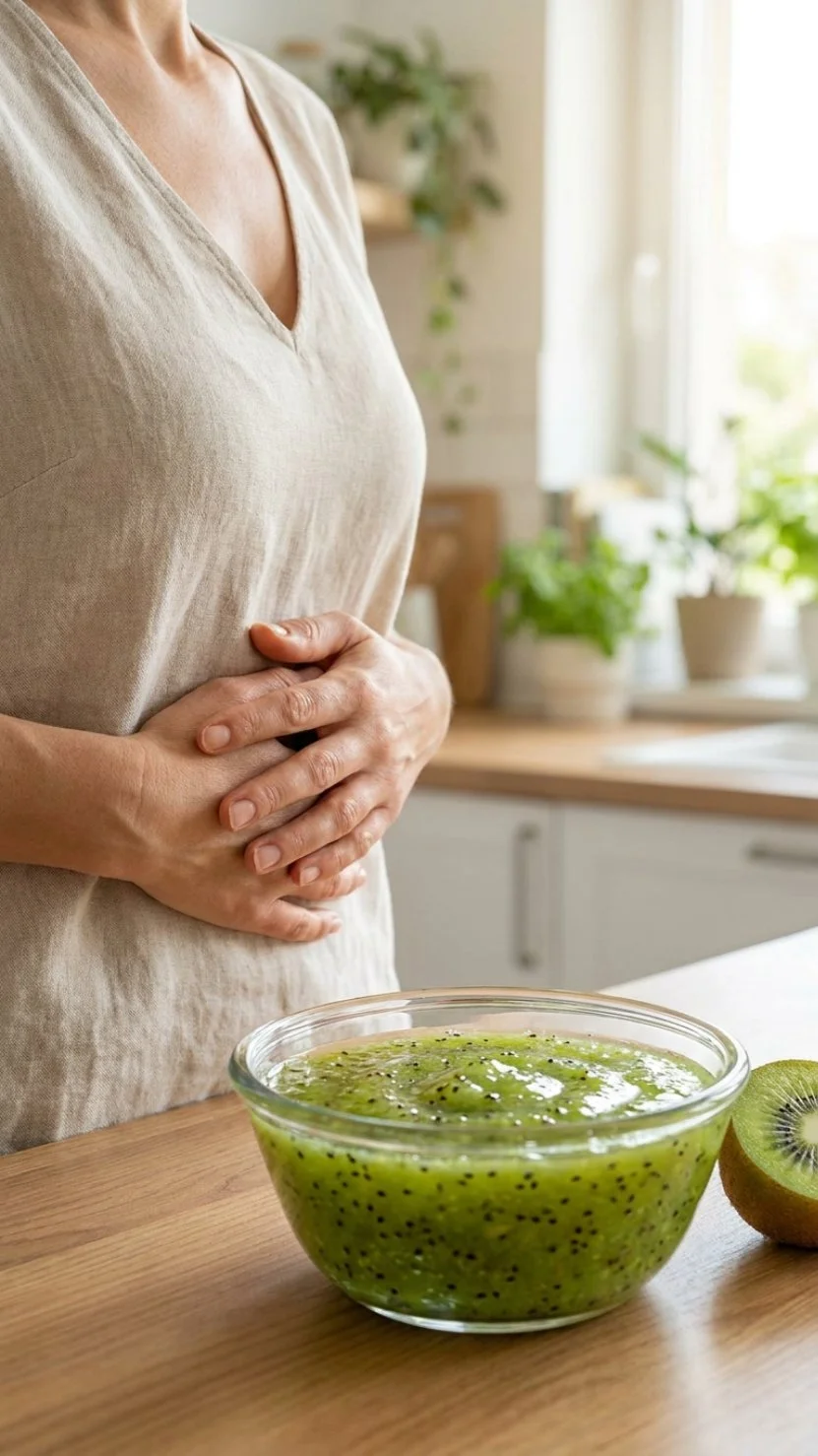 A delicious kiwi chia gel bowl topped with fresh fruit for digestive health.