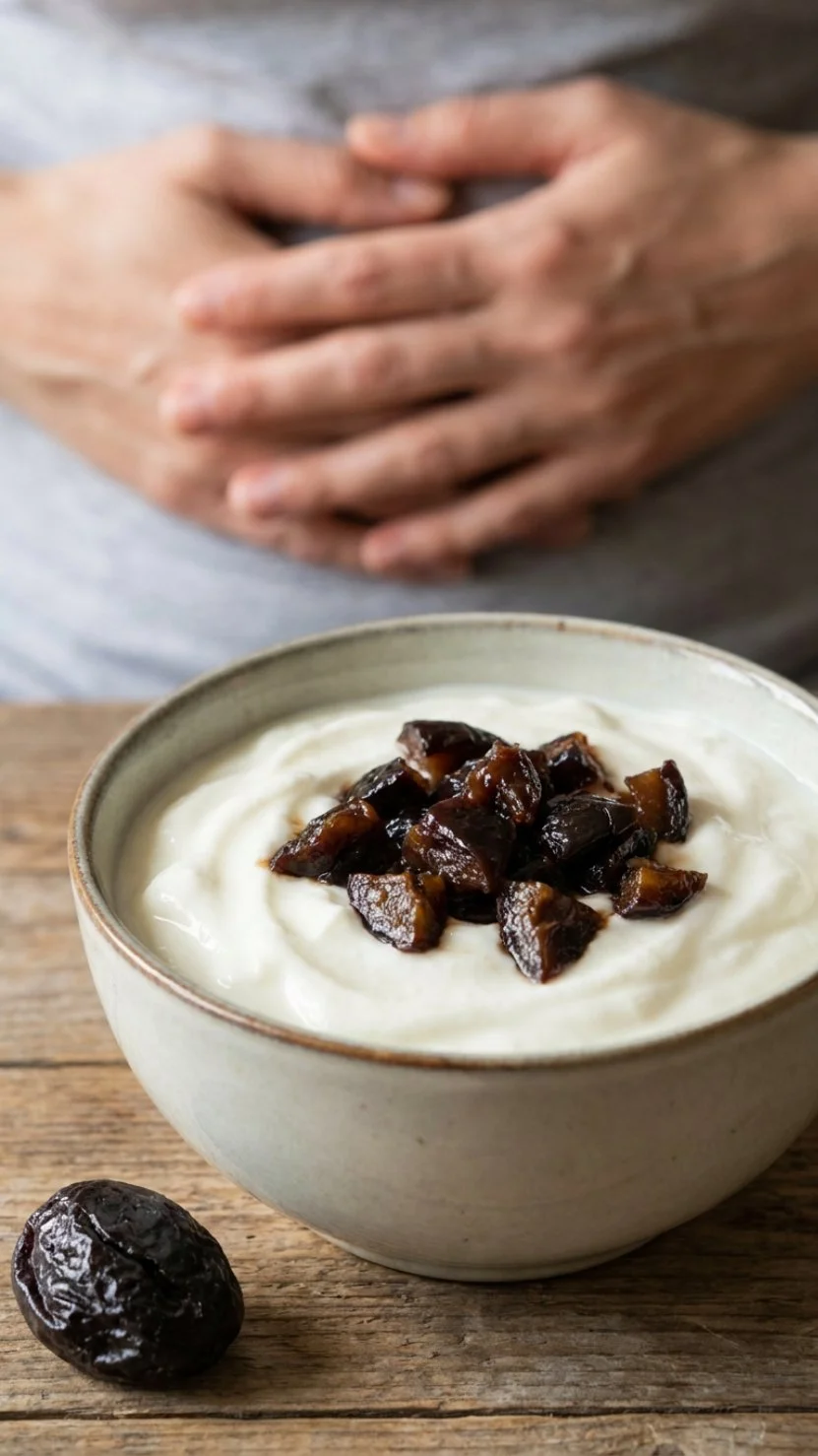 Colorful 3-ingredient gut bowl with prunes, yogurt, and granola for breakfast.
