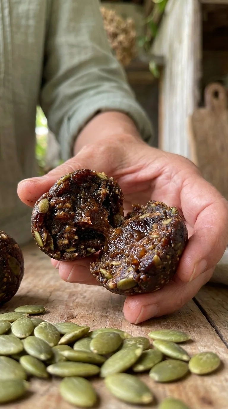 Pumpkin seed and plum energy balls with creamy dill spread on a white plate.