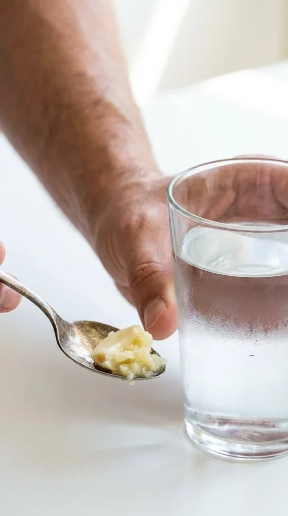 A spoonful of olive oil on a wooden table with a bottle in the background